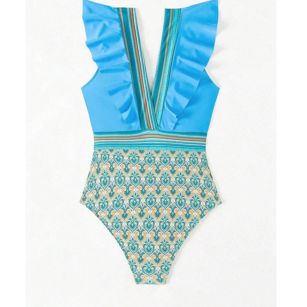 Boho Patchwork Plunging Neck Ruffle Monokini One Piece Swimsuit - Picture 7 of 10